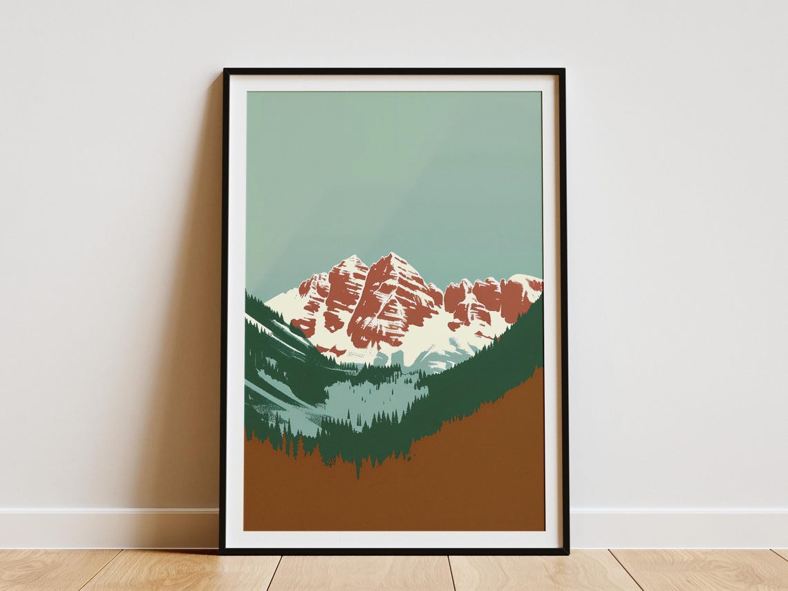 Rocky Mountain Snow Peaks Vintage Travel Poster with Green Valley
