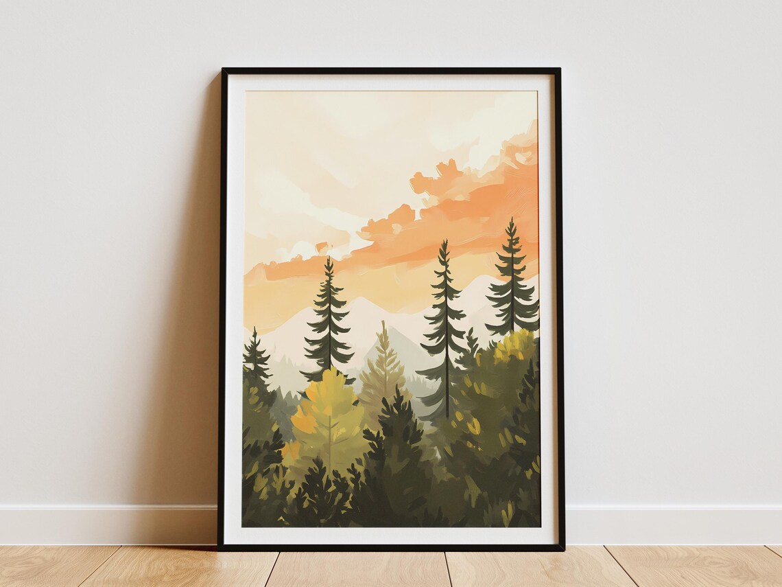 Sunset Pines Forest Poster Modern Minimalist Landscape Wall Art Nature Print Mountain Range Artwork Contemporary Home Decor Orange And