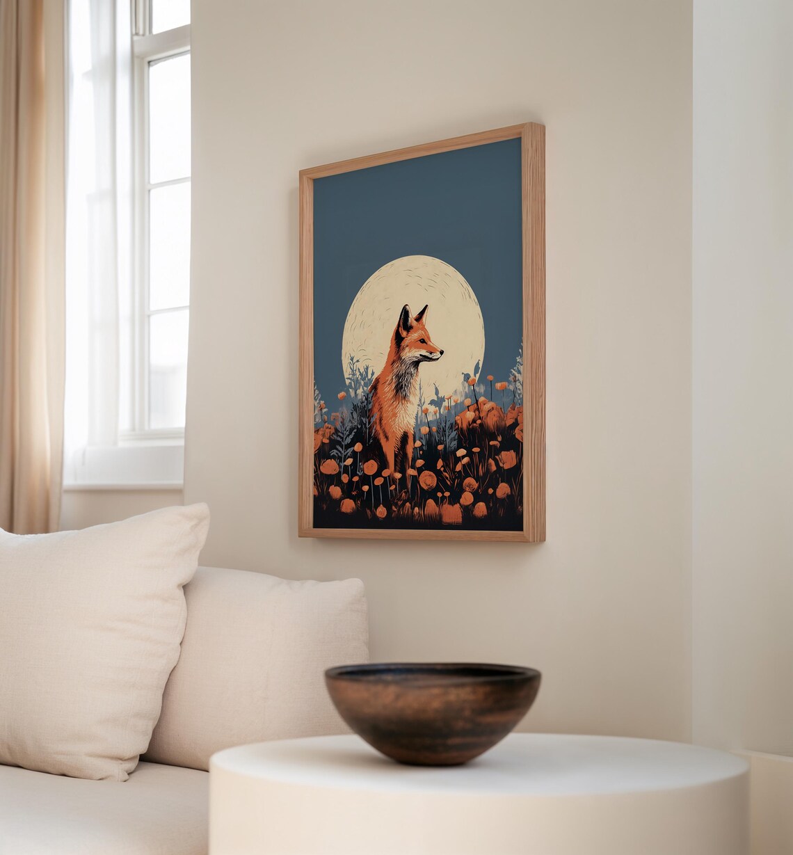 Red Fox Silhouette Beneath a Giant Moon in Vintage Wildflower Art Print - Image 3