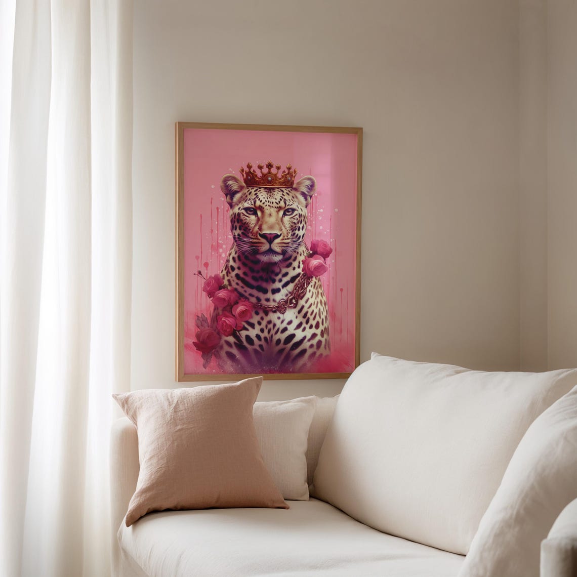 Glamorous Crowned Leopard With Roses on a Hot Pink Bold Art Poster - Image 2