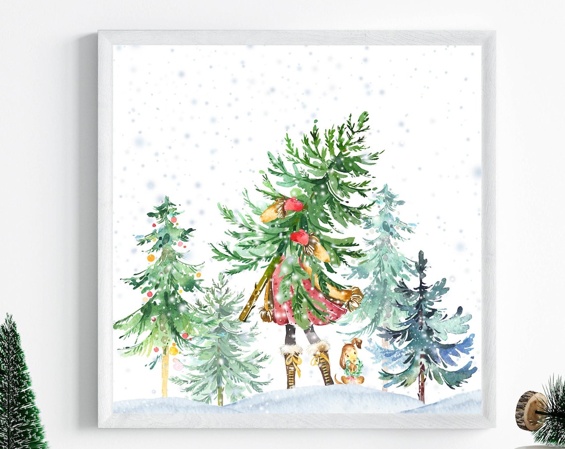 Girl Carrying Christmas Tree in Snowy Woods With Puppy Holiday Poster