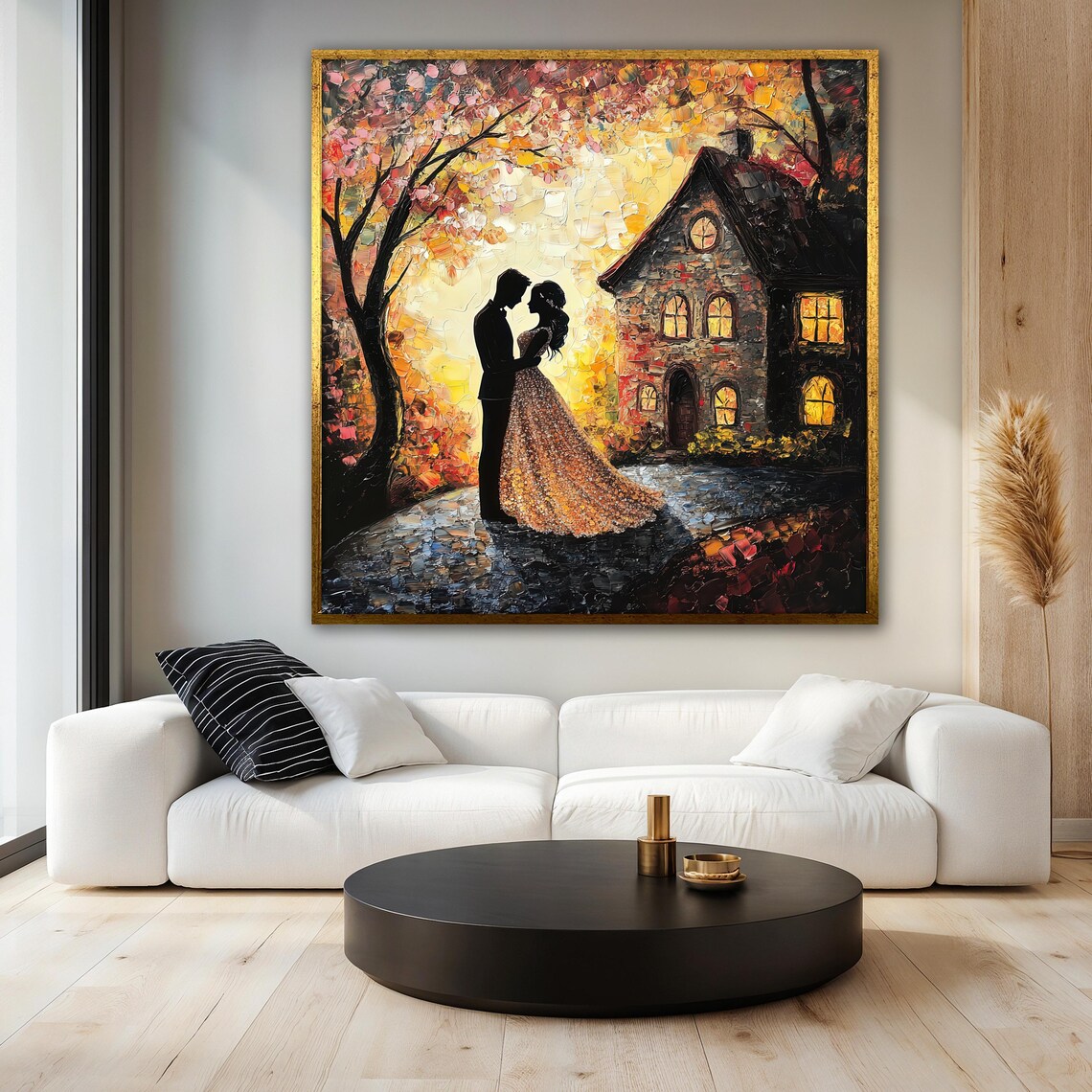 Romantic Wedding Couple Painting, Autumn Night Silhouette - Image 3