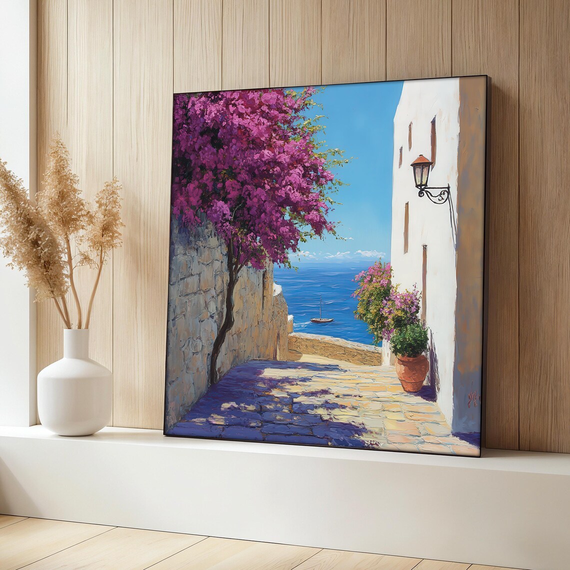 Mediterranean Alley Painting, Coastal Street Landscape
