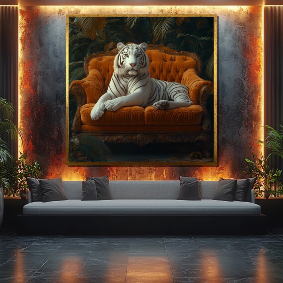 White Tiger On Vintage Sofa, Safari Decor