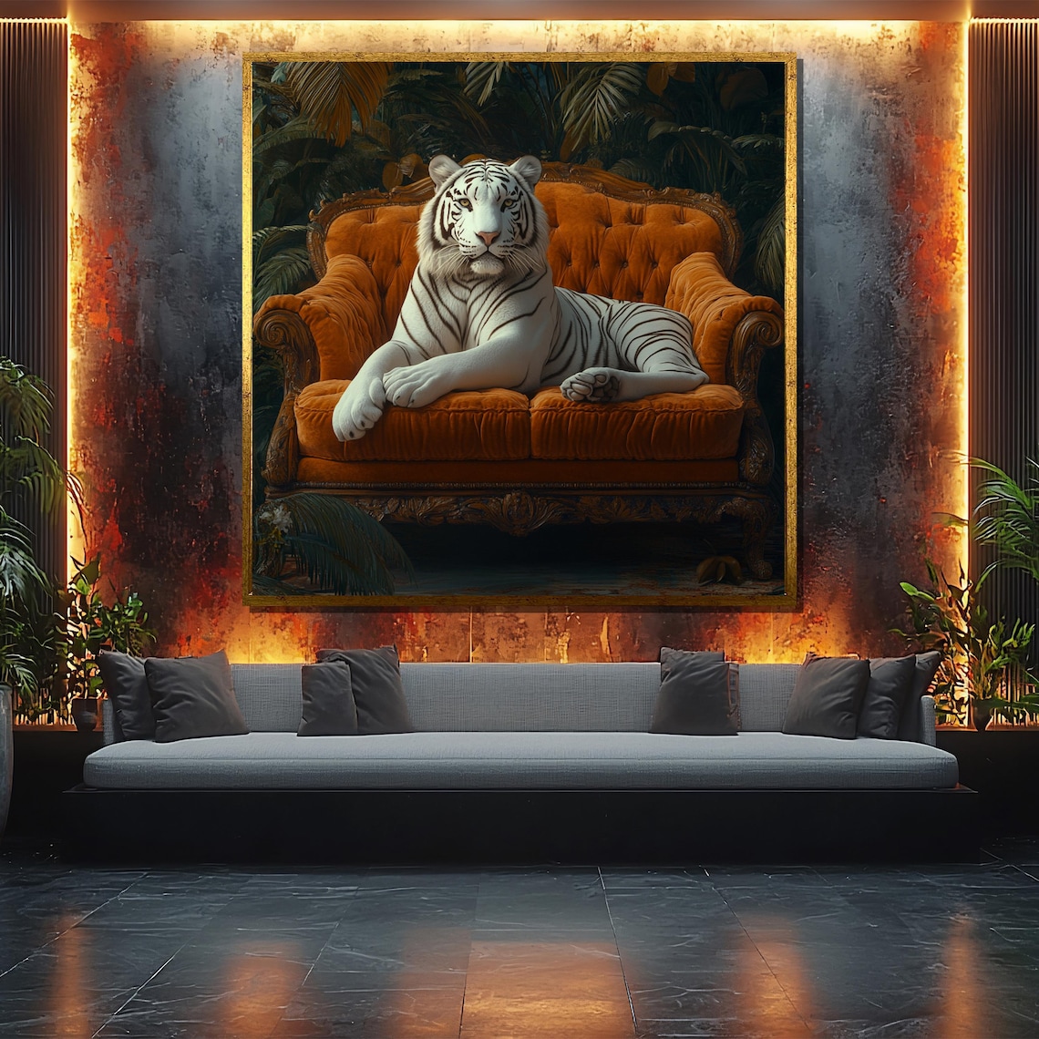 White Tiger On Vintage Sofa, Safari Decor