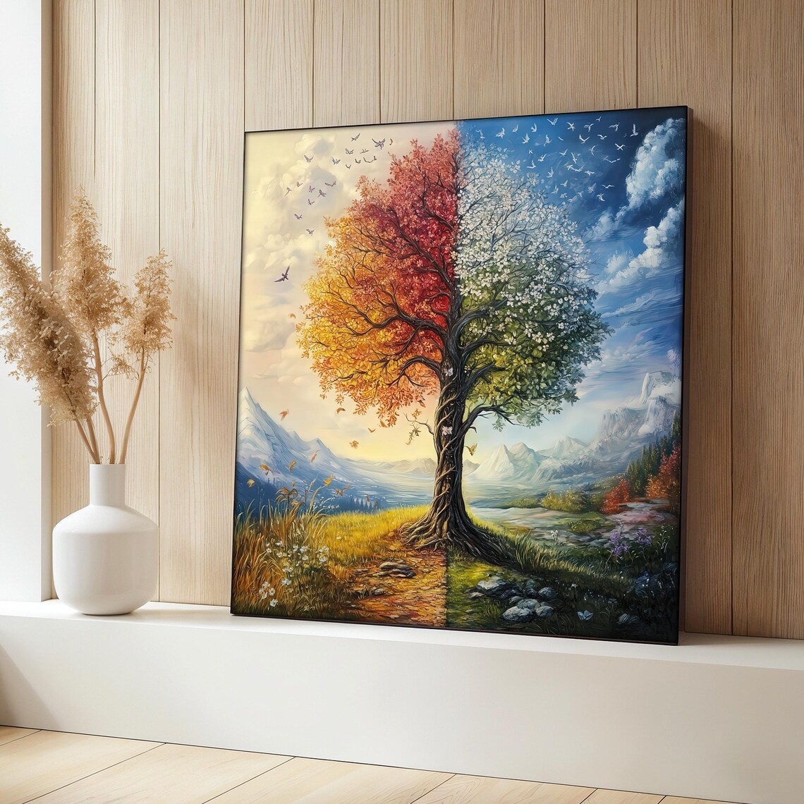 Four Seasons Tree Painting, Nature Landscape Art