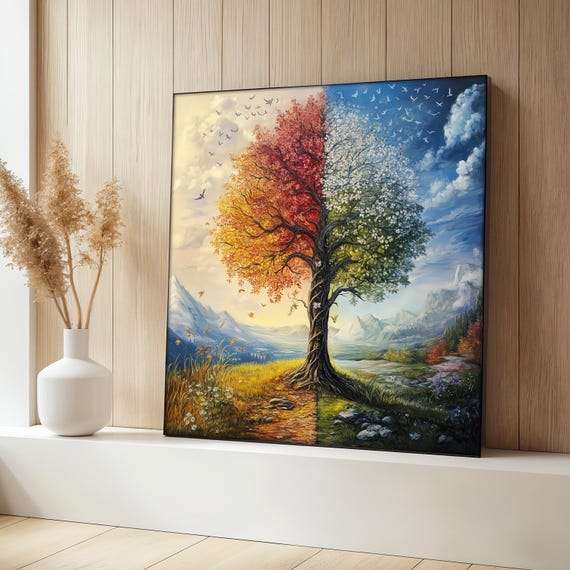 Four Seasons Tree Painting, Nature Landscape Art