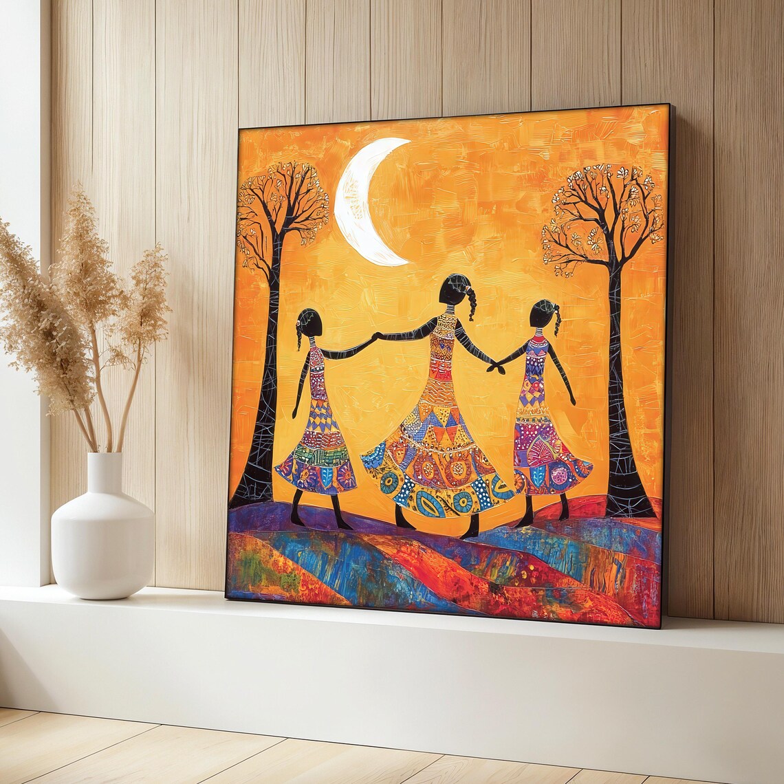 Girls Painting Under Moonlight, Ethnic Art