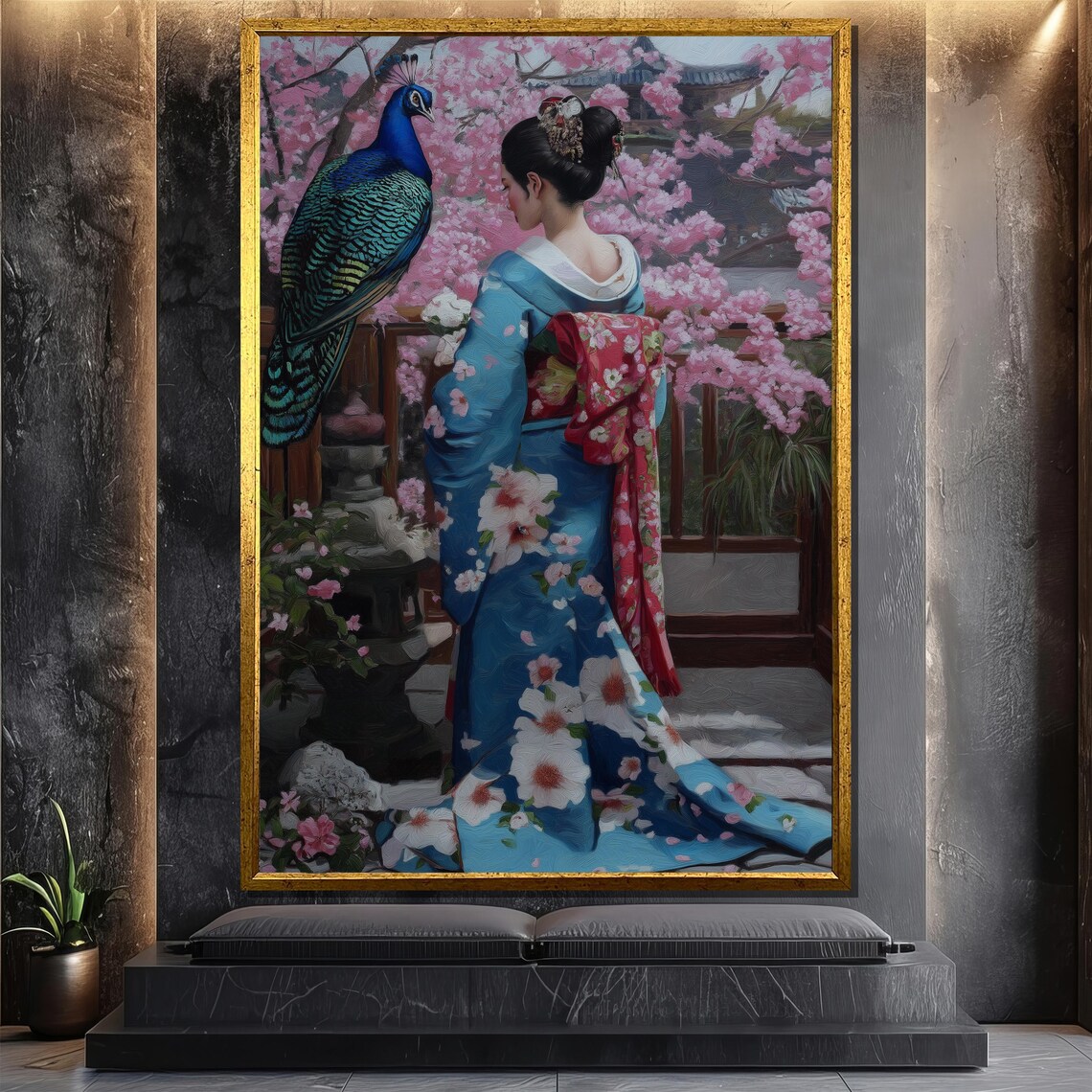 Japanese Woman In Blue Kimono, Peacock And Cherry Blossom Art Print