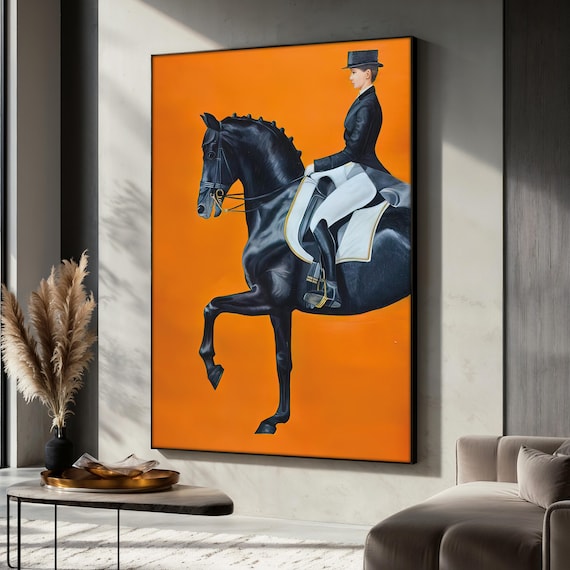 Elegant Equestrian Painting Woman On Black Horse Wall Art Luxury Home Decor Living Room Decor Stylish Gift For Horse Lovers