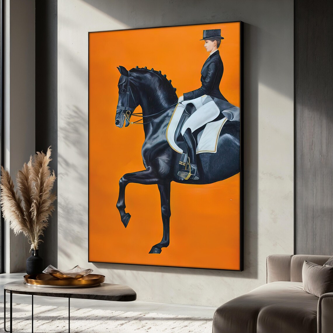 Elegant Equestrian Painting Woman On Black Horse Wall Art Luxury Home Decor Living Room Decor Stylish Gift For Horse Lovers