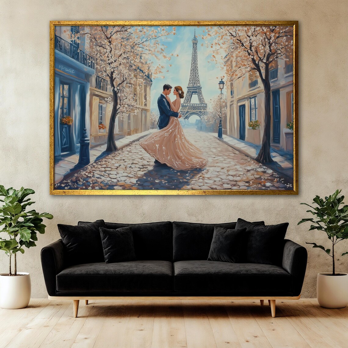 Romantic Paris Painting, Eiffel Tower Love Scene - Image 3