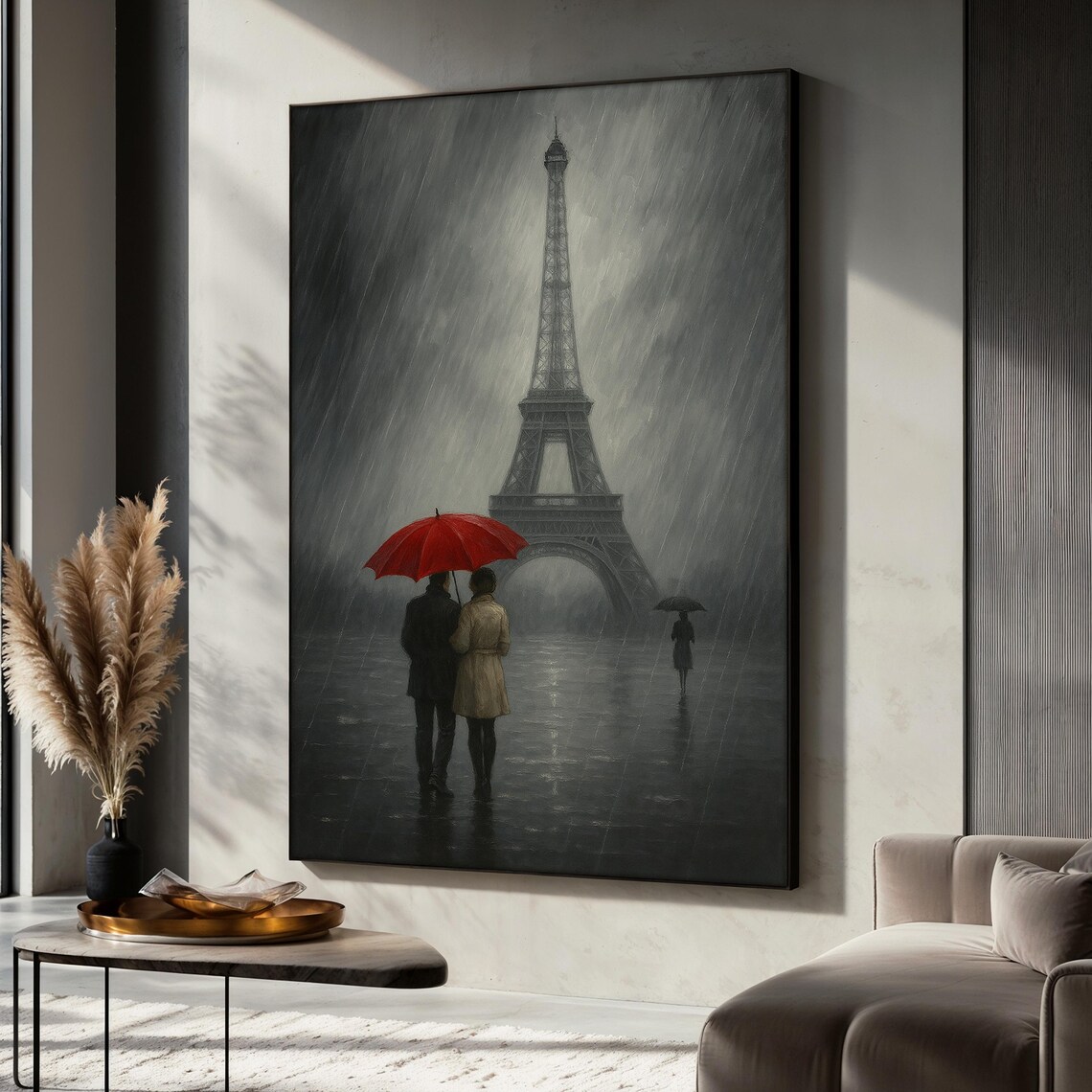 Paris Rainy Romance Eiffel Tower Couple Art Print