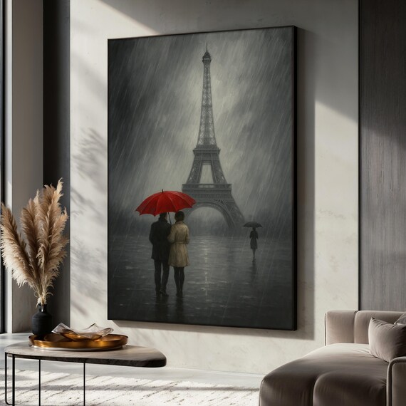 Paris Rainy Romance Eiffel Tower Couple Art Print