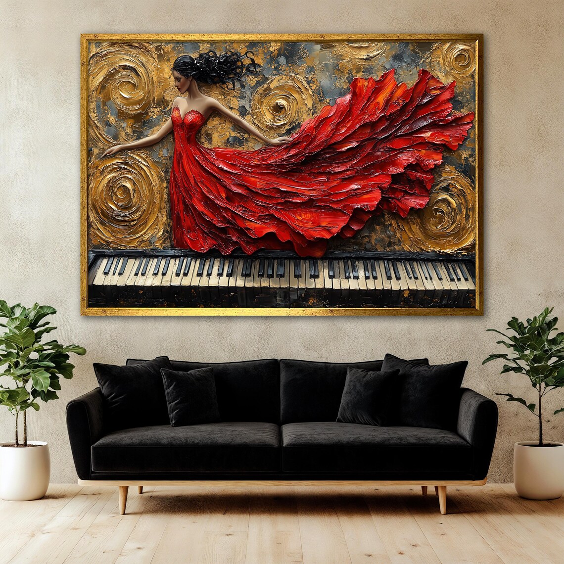 Elegant Lady In Flowing Red Dress On Piano - Image 3