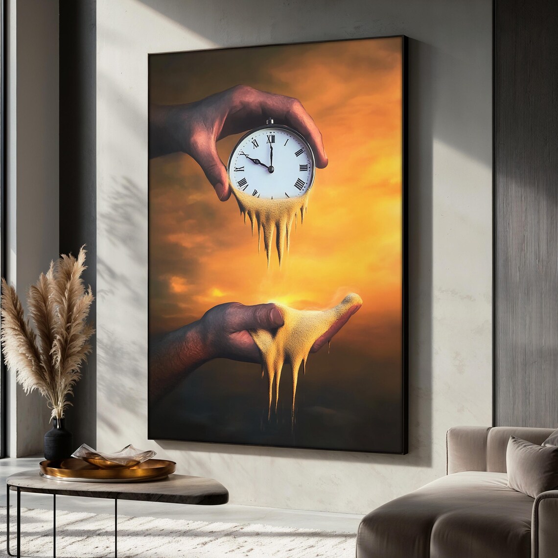 Dreamlike Surreal Melting Clock Dissolving Into Sand at Sunset Poster