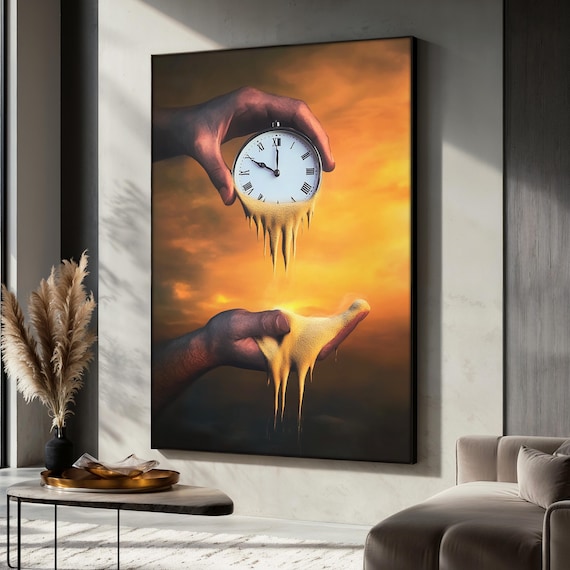 Dreamlike Surreal Melting Clock Dissolving Into Sand at Sunset Poster