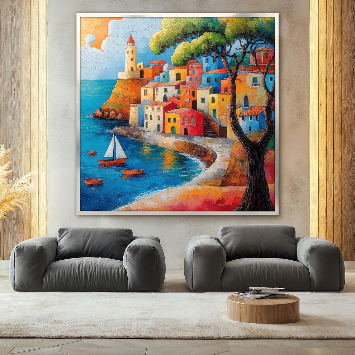 Coastal Village Painting, Mediterranean Seaside Decor - Image 2