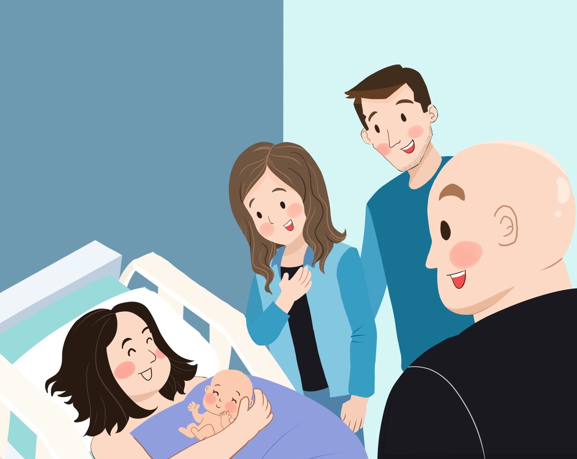 Joyful Cartoon Family Meeting Their Newborn Baby Hospital Poster