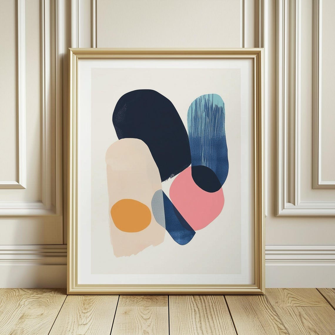 Navy Pink and Ochre Organic Abstract Shapes Modern Living Room Poster - Image 4