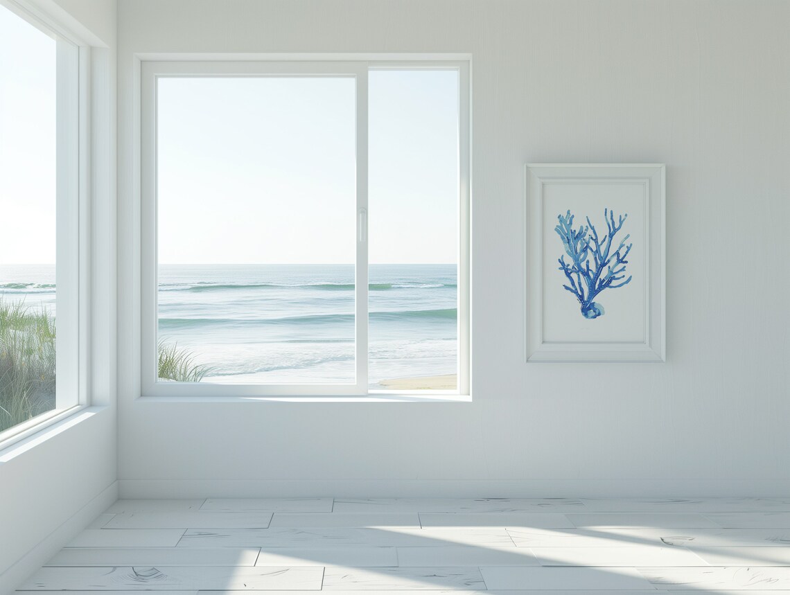 Blue Coral Watercolor Coastal Beach House Trendy Ocean Wall Art - Image 3