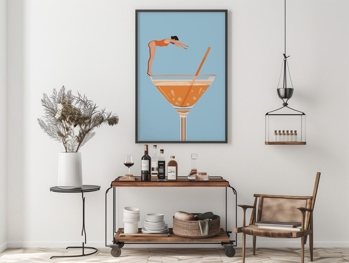 Retro Cocktail Diving Woman Bar Cart Art Print - Image 3