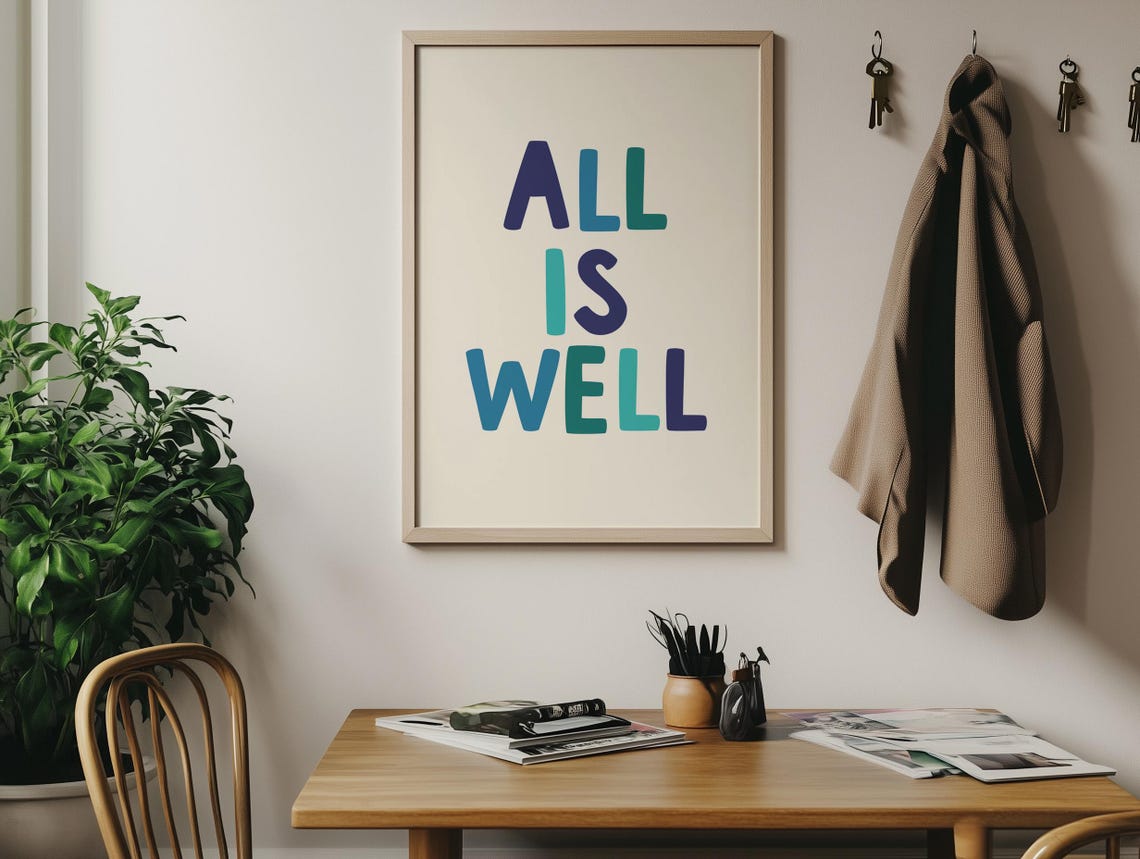 All Is Well Blue Typography Inspirational Quote Wall Home Poster - Image 4