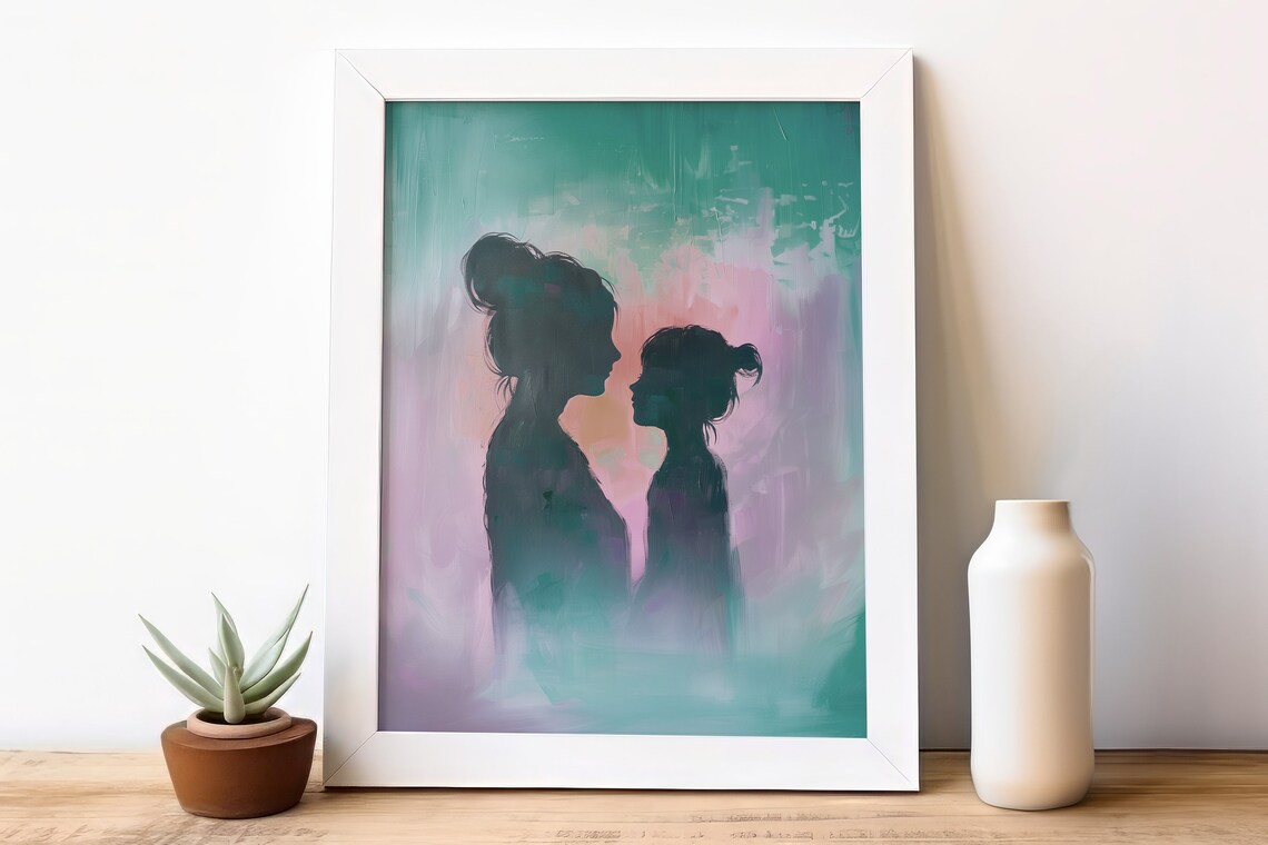 Mother Daughter Silhouette Abstract Teal Pink Modern Family Love Poster - Image 4