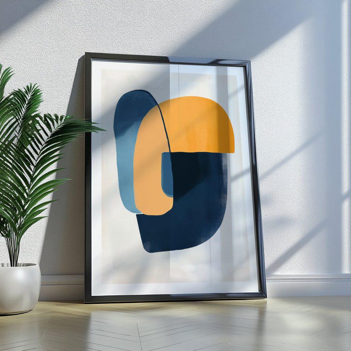 Royal Blue and Mustard Interlocking Abstract Shapes Mid Century Poster - Image 2