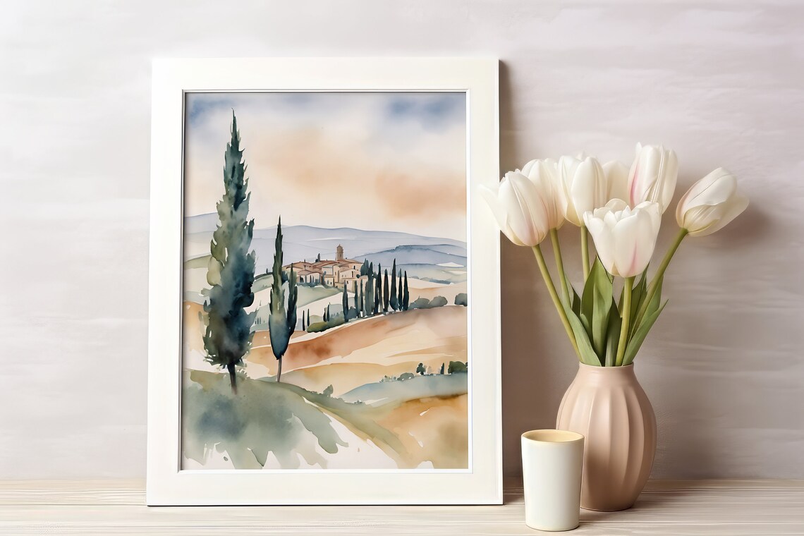 Watercolor Tuscany Landscape Travel Poster, Siena Italy - Image 4
