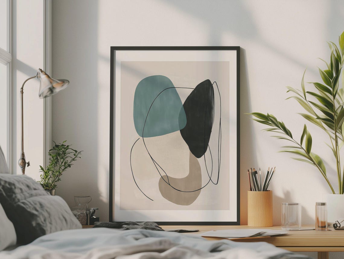 Teal Black and Taupe Organic Shapes Minimalist Line Abstract Poster - Image 4