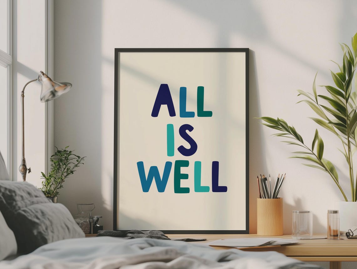 All Is Well Blue Typography Inspirational Quote Wall Home Poster - Image 2