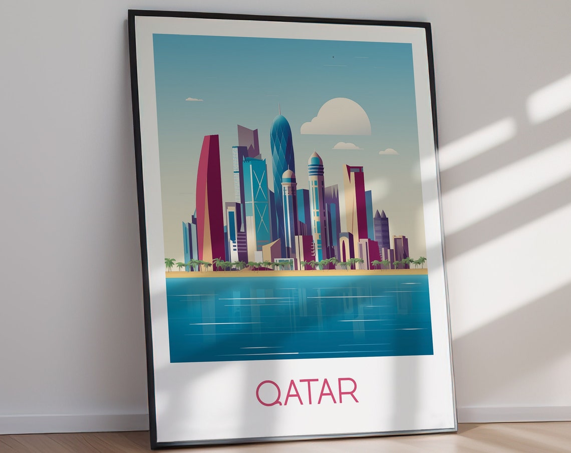 Qatar Modern Waterfront City Skyline Sunset Travel Art Poster - Image 2