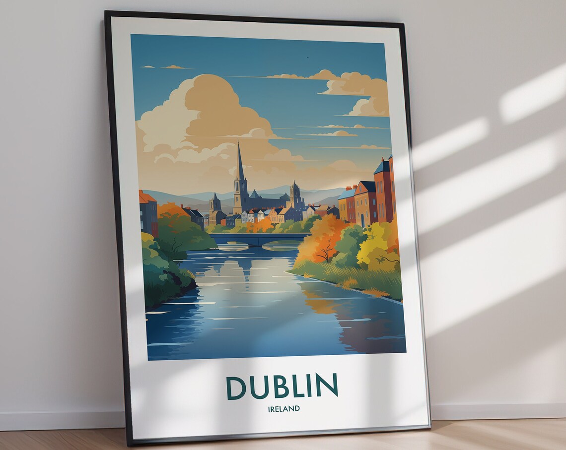 Dublin Ireland Autumn River Bridge Cathedral Spire View Poster - Image 2