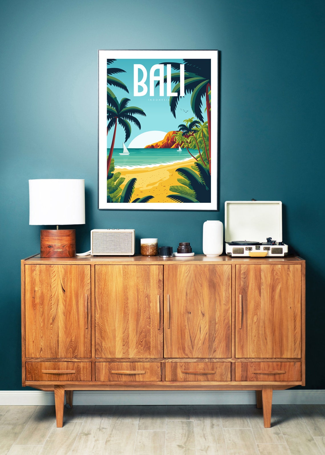 Bali Indonesia Palm Trees Beach Sailboats Sunset Retro Travel Poster - Image 4