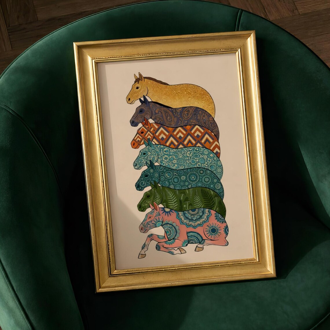 Seven Stacked Horses Patterned Folk Bohemian Maximalist Horse Poster
