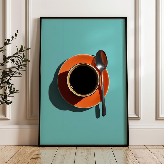 Orange Coffee Cup on Teal Background Hard Shadow Pop Art Kitchen Poster