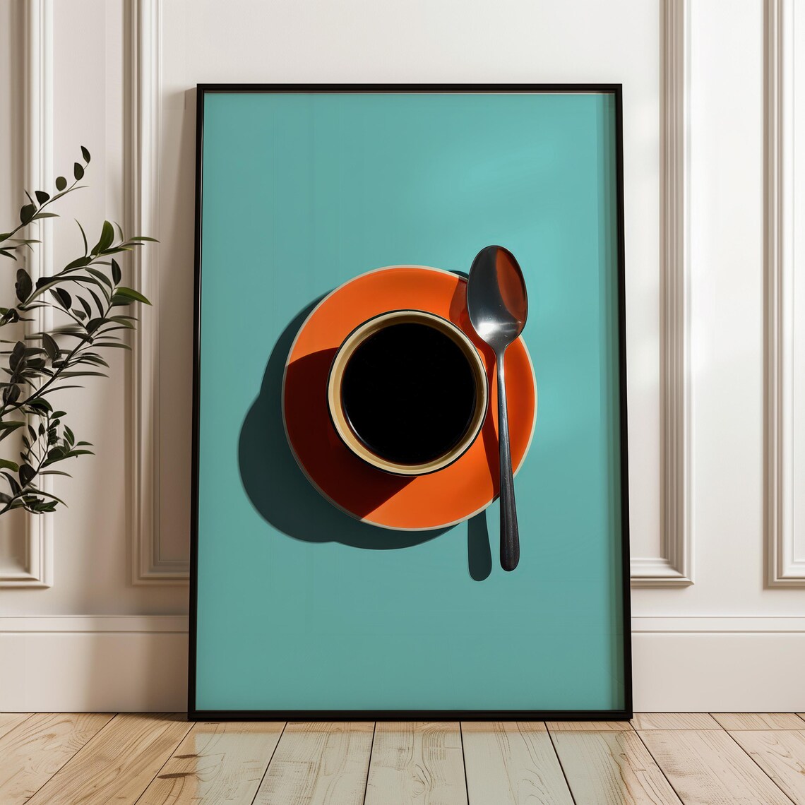 Orange Coffee Cup on Teal Background Hard Shadow Pop Art Kitchen Poster