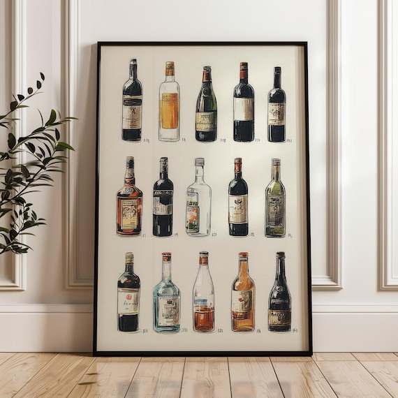 Vintage Wine Bottles Chart Handdrawn Red White Wine Bottles Kitchen Art Poster