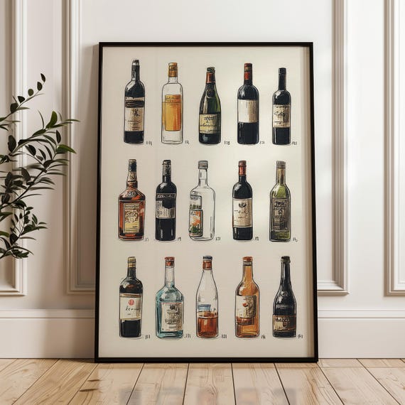 Wine Selection Art Poster Handdrawn Bottles Illustration Print On Matte Paper