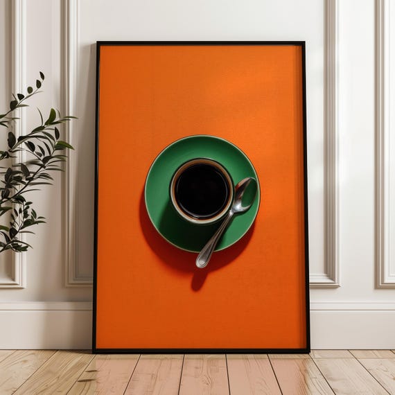Coffee Wall Decor Print Green Plate And Cup On Orange Background