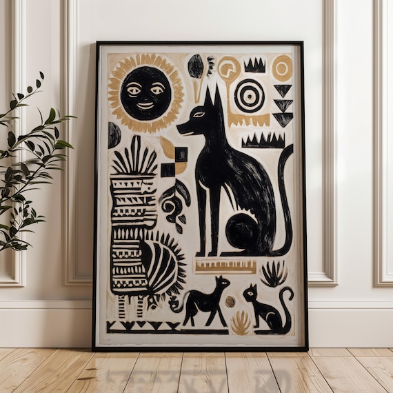Black Gold Cats Tribal Sun Folk Collage Feline Geometric Art Poster