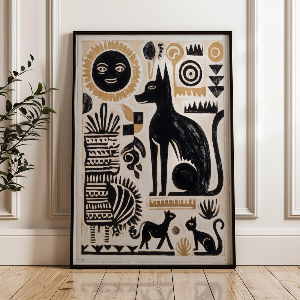 Black Gold Cats Tribal Sun Folk Collage Feline Geometric Art Poster