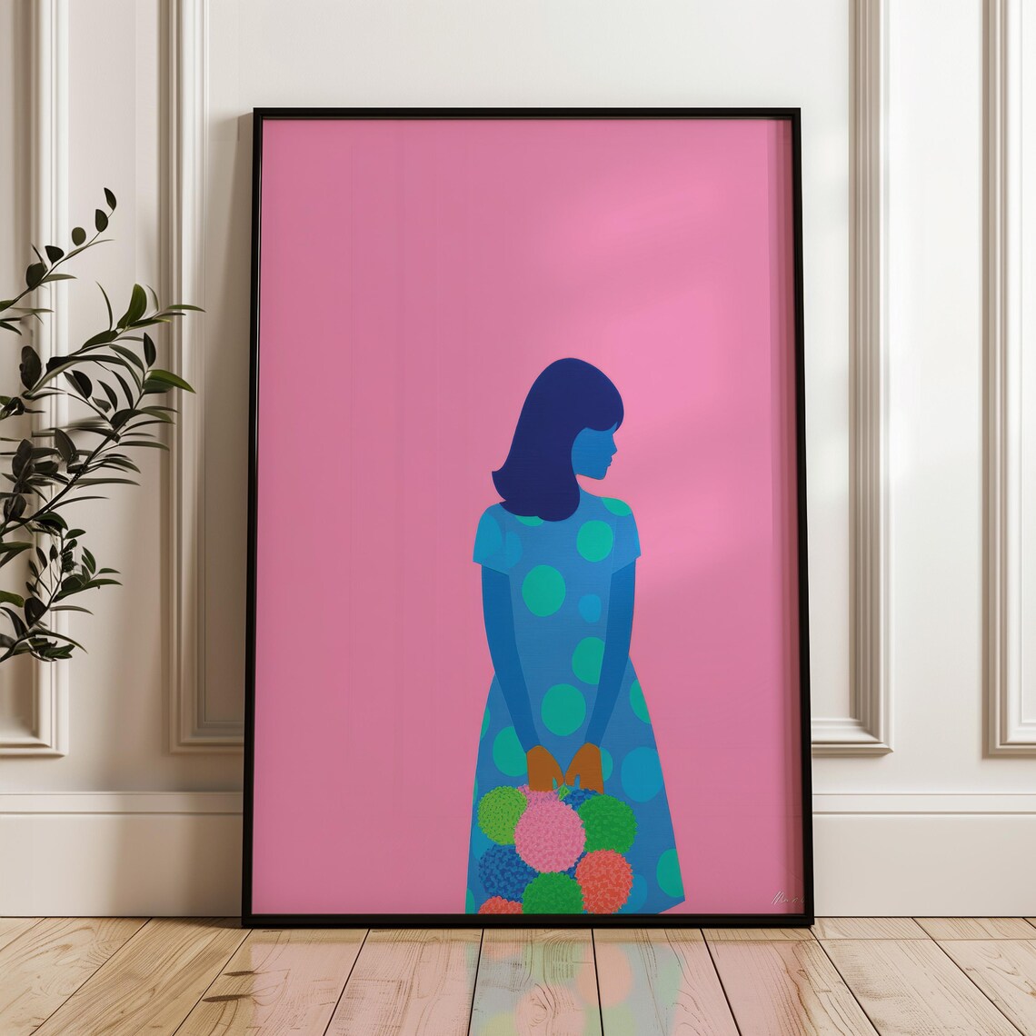 Girl In Polka Dot Dress Pop Art Print Pink Background Flowers