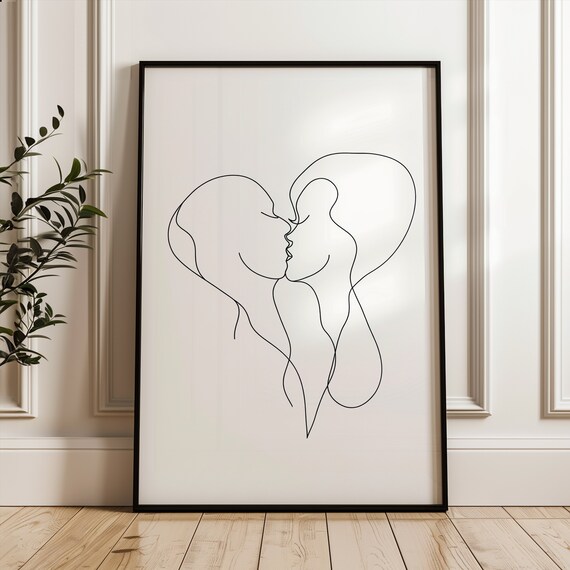 Couple Kissing Single Line Heart Drawing Romantic Minimalist Print