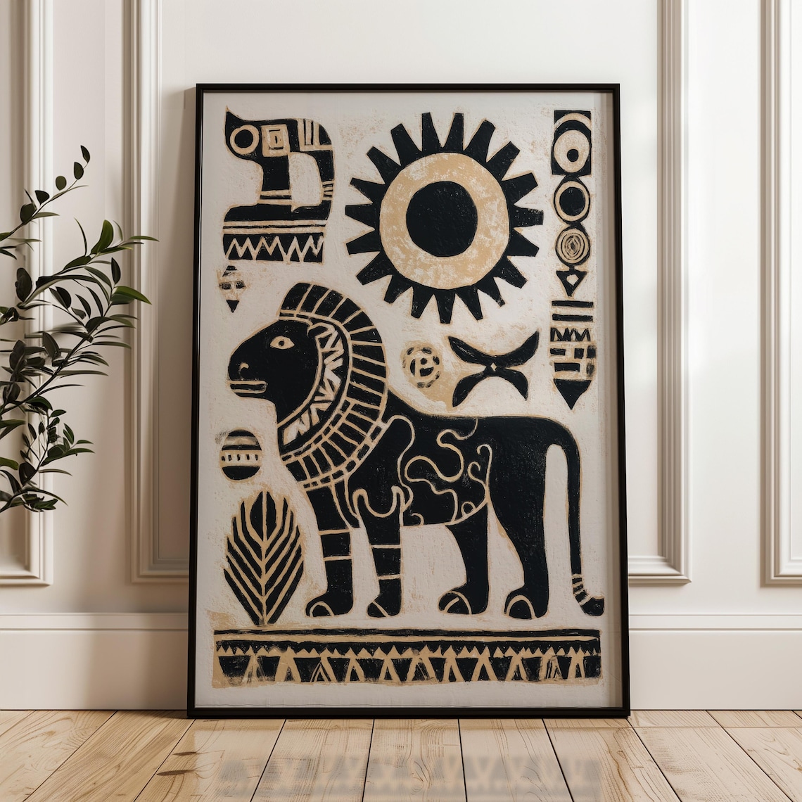 Majestic Black and Gold Lion Abstract Tribal Folk Art Poster