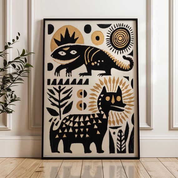 Stylized Animal Poster Black And Gold On Beige Abstract Geometric Folk Art Print