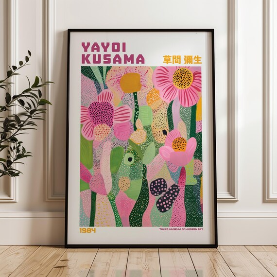 Cheerful Yayoi Kusama 1984 Pink Dotted Flowers Exhibition Poster