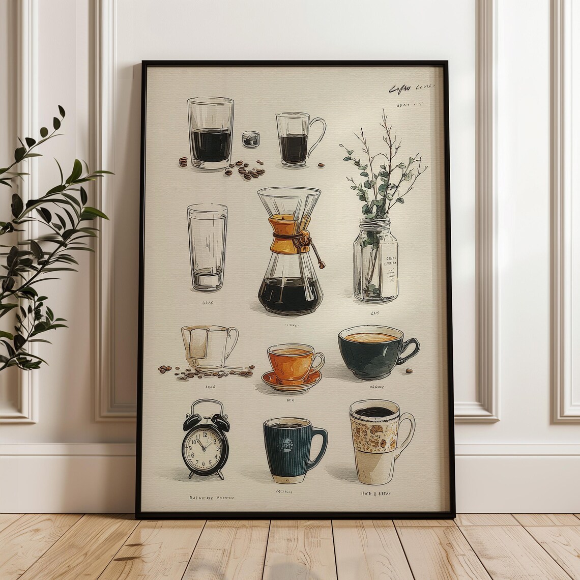 Vintage Coffee Illustration Chart Chemex Espresso Cups Beans Morning Art Poster
