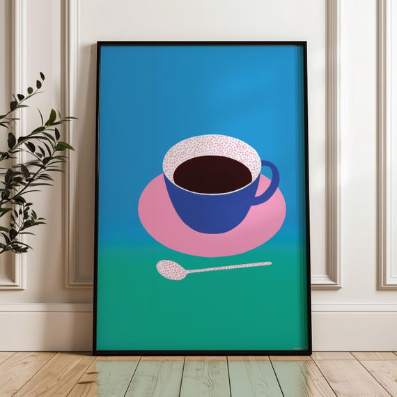 Minimal Coffee Art Print Modern Pop Poster Blue And Pink Wall Decor Playful Home